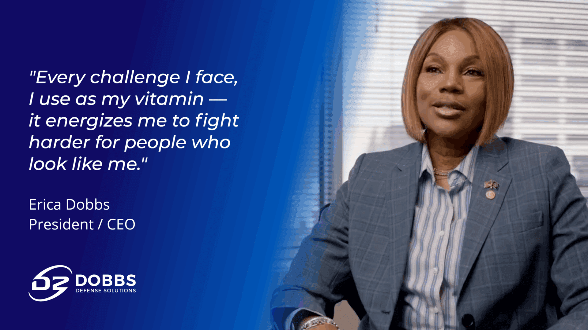 Woman in suit with inspiring quote on blue.