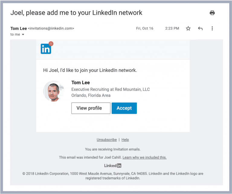 LinkedIn invitation email from Tom Lee.