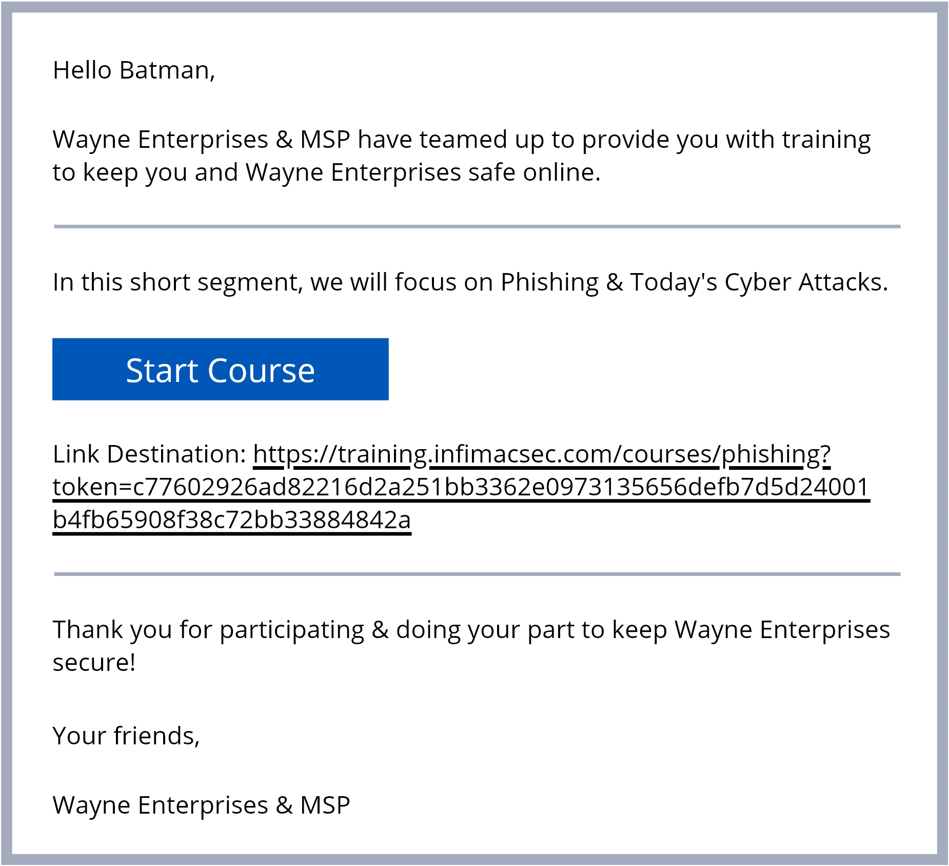 Cybersecurity training invitation from Wayne Enterprises.