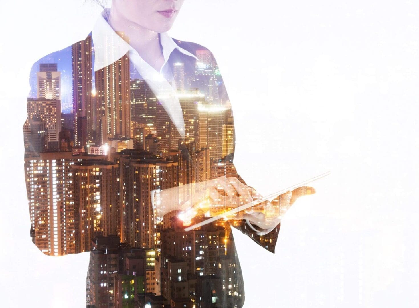 A businessman holds an open book with a cityscape overlay.