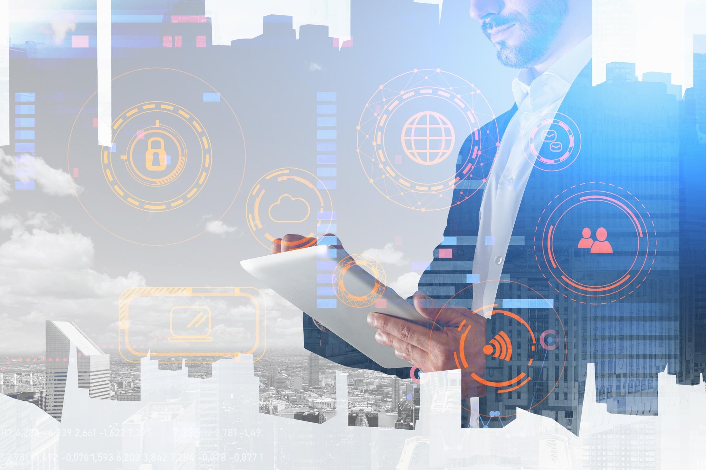 Businessman using a tablet with Bitcoin and blockchain icons.