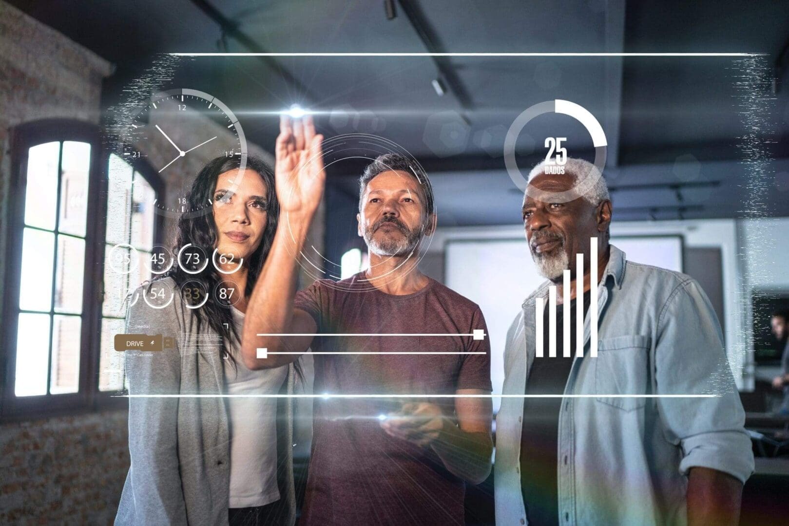 Three professionals interacting with a transparent digital interface.