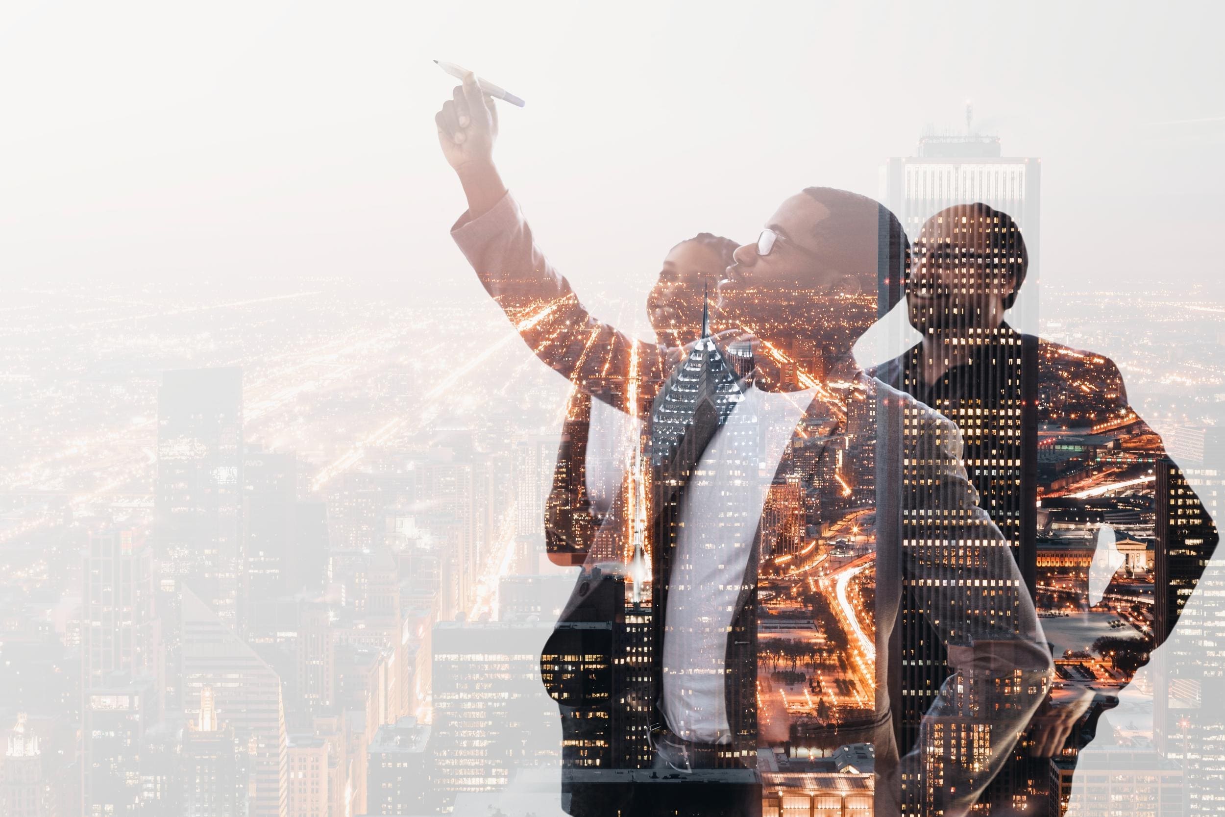 Businessman taking a selfie with cityscape overlay.