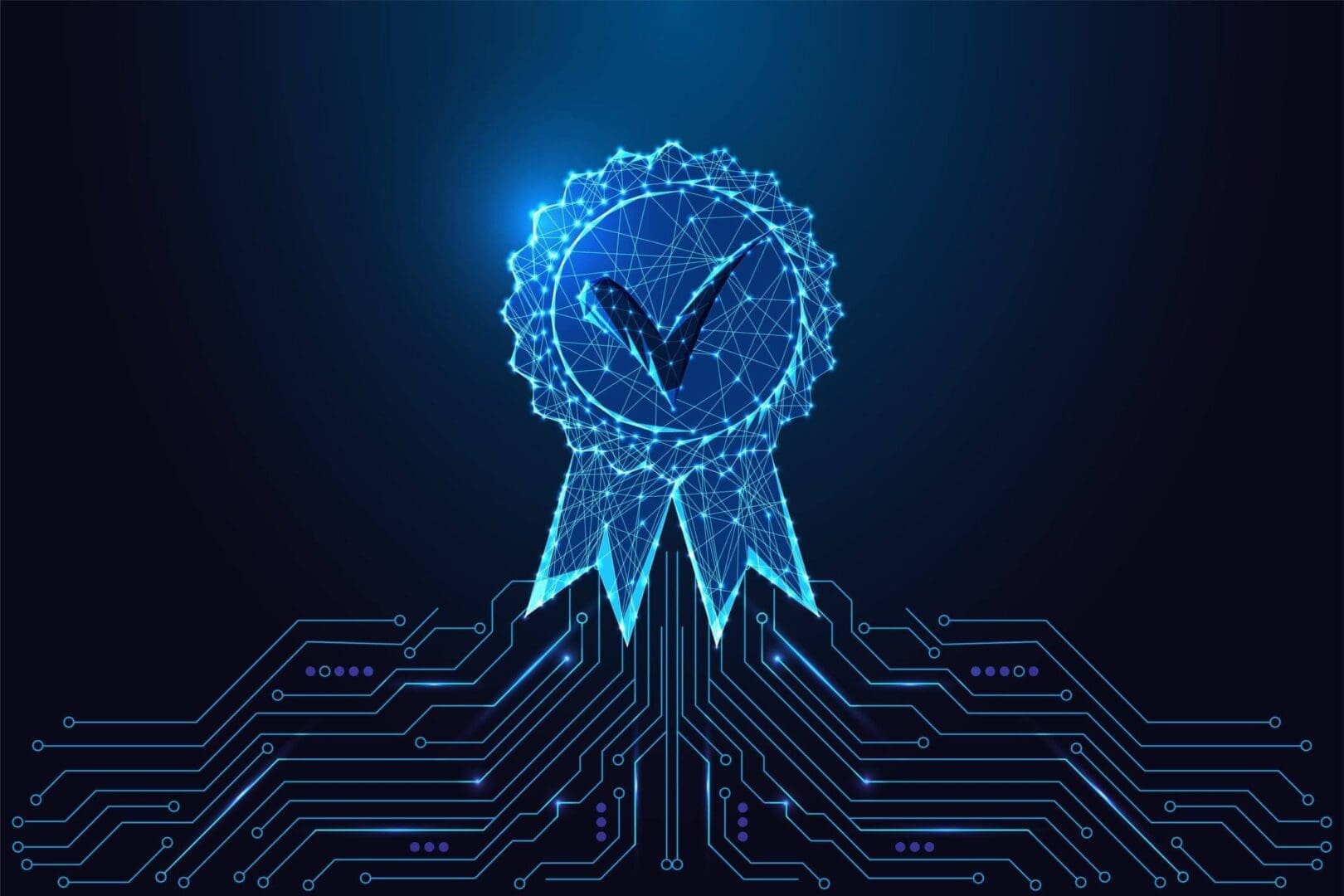 Digital blue ribbon with a checkmark symbolizing quality or approval.