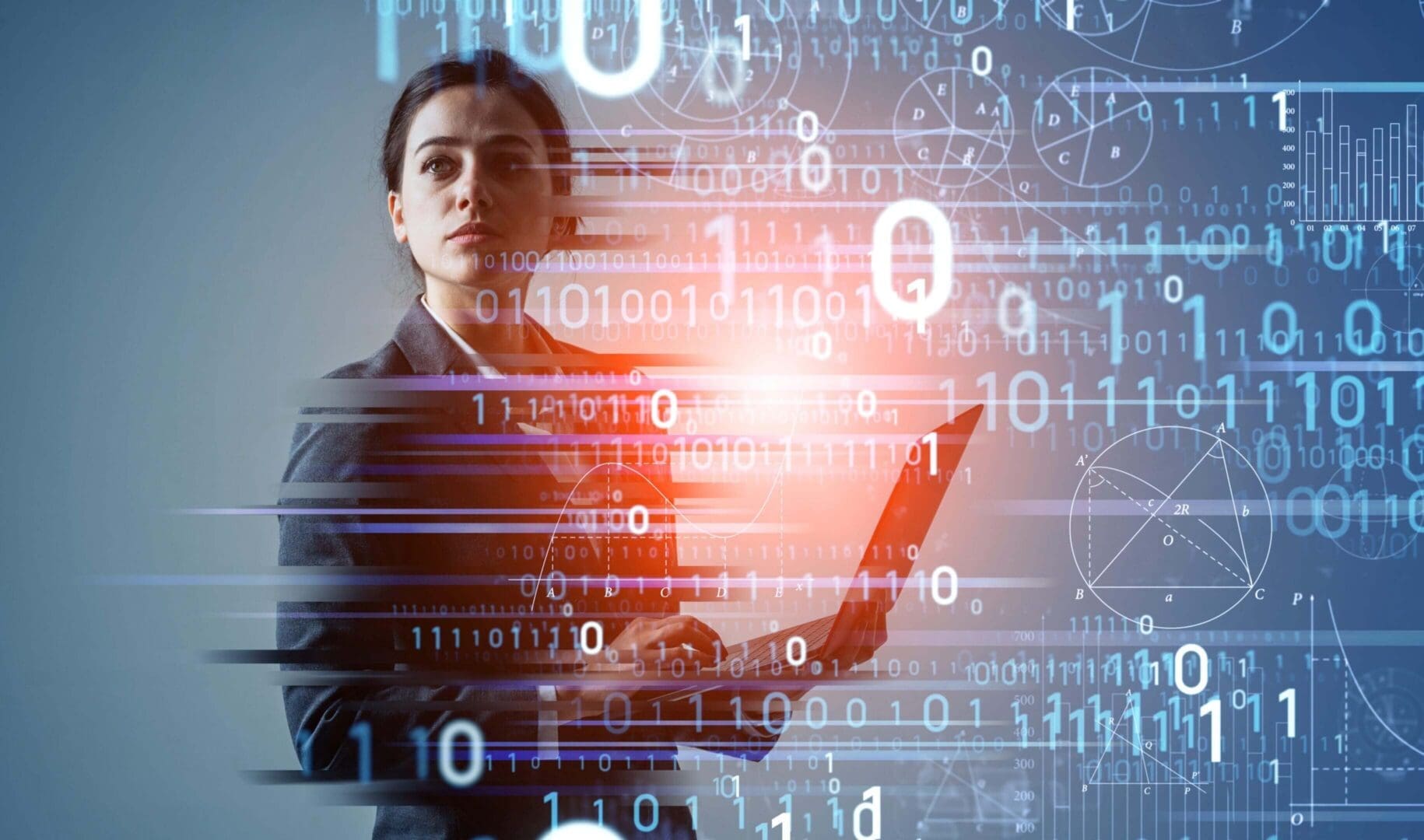 Woman holding laptop with digital binary code overlay.