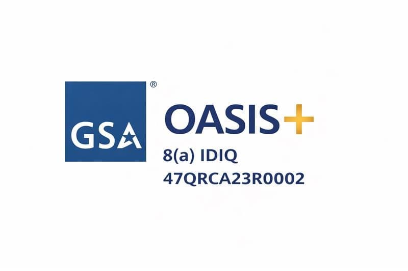 GSA OASIS+ logo with certification code 47QRCA23R0002.