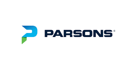 Logo of Parsons with a blue symbol on a gray background.