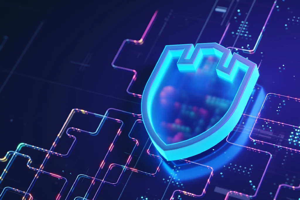 Glowing shield icon symbolizing cybersecurity in a digital network.
