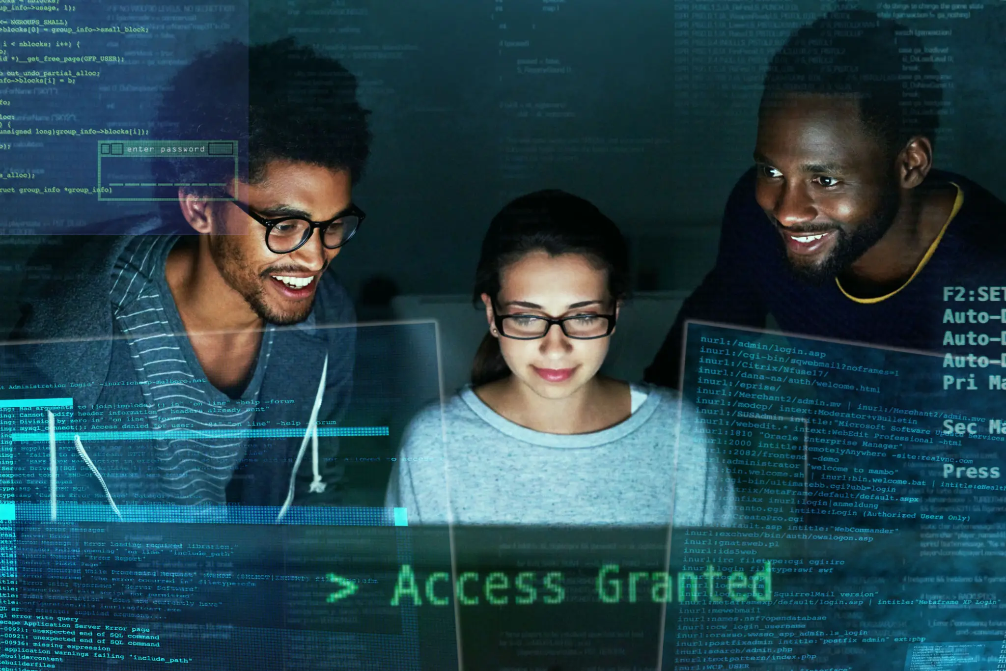 Three people viewing a screen with 'Access Granted' message.