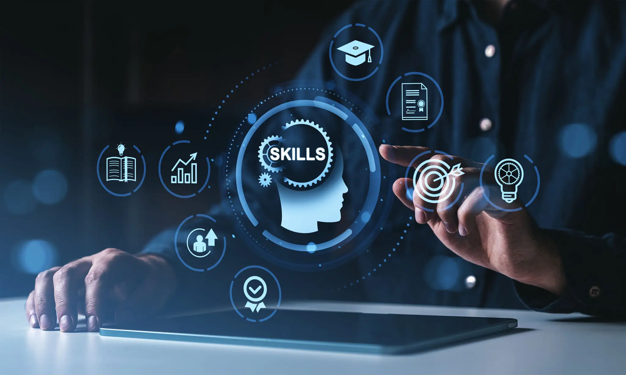 Digital interface highlighting skills and education concepts.