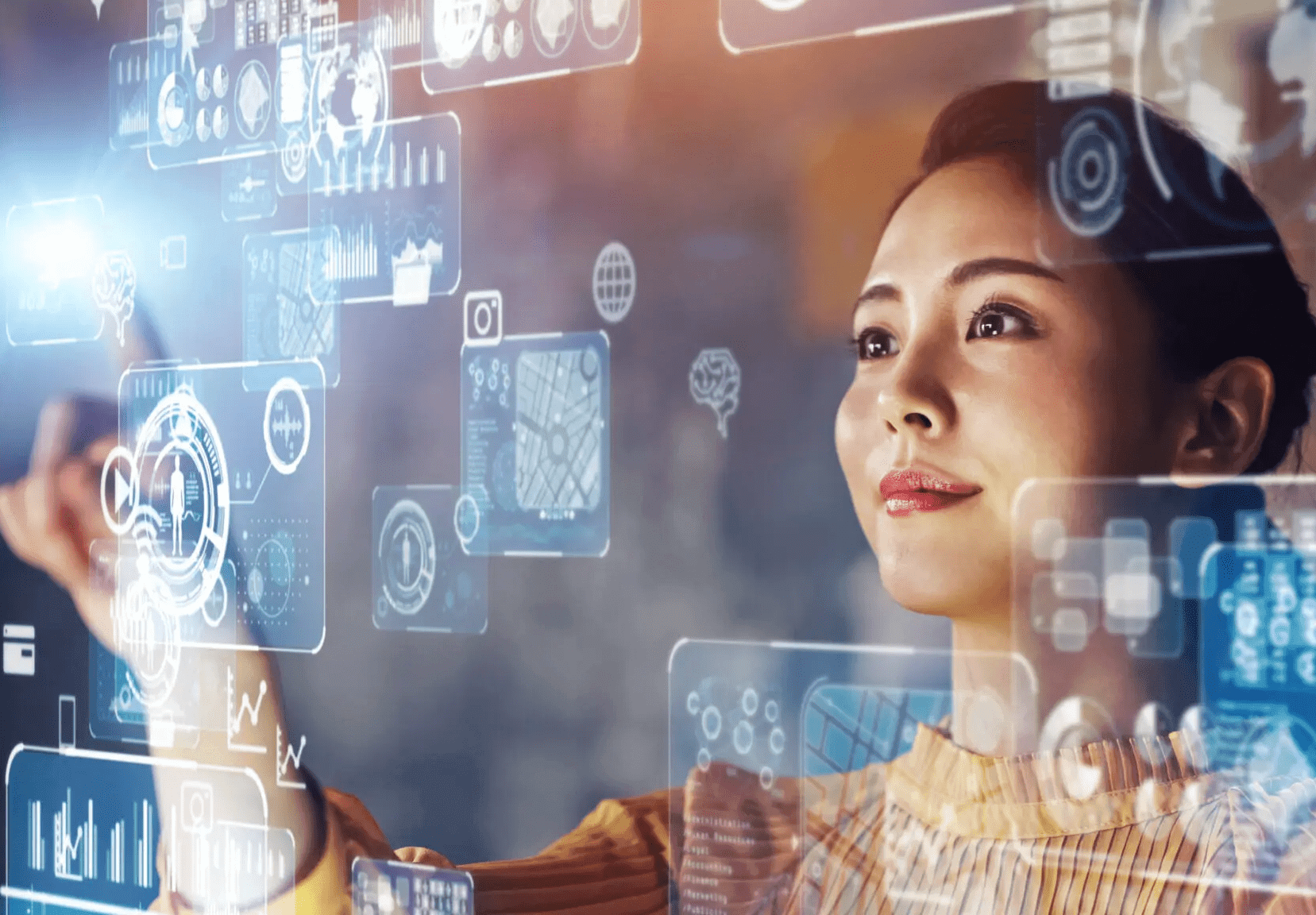 A woman interacts with futuristic digital holograms in a tech environment.